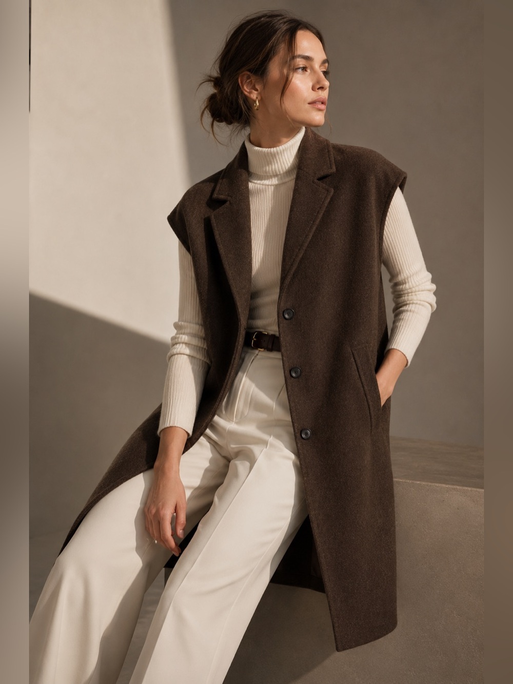 Fransa Wool Blend Long Sleeveless Coat Vest in Chocolate Brown